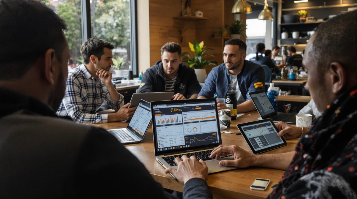 Group analyzing sports data on laptops with 'Betting Analytics' dashboard visible