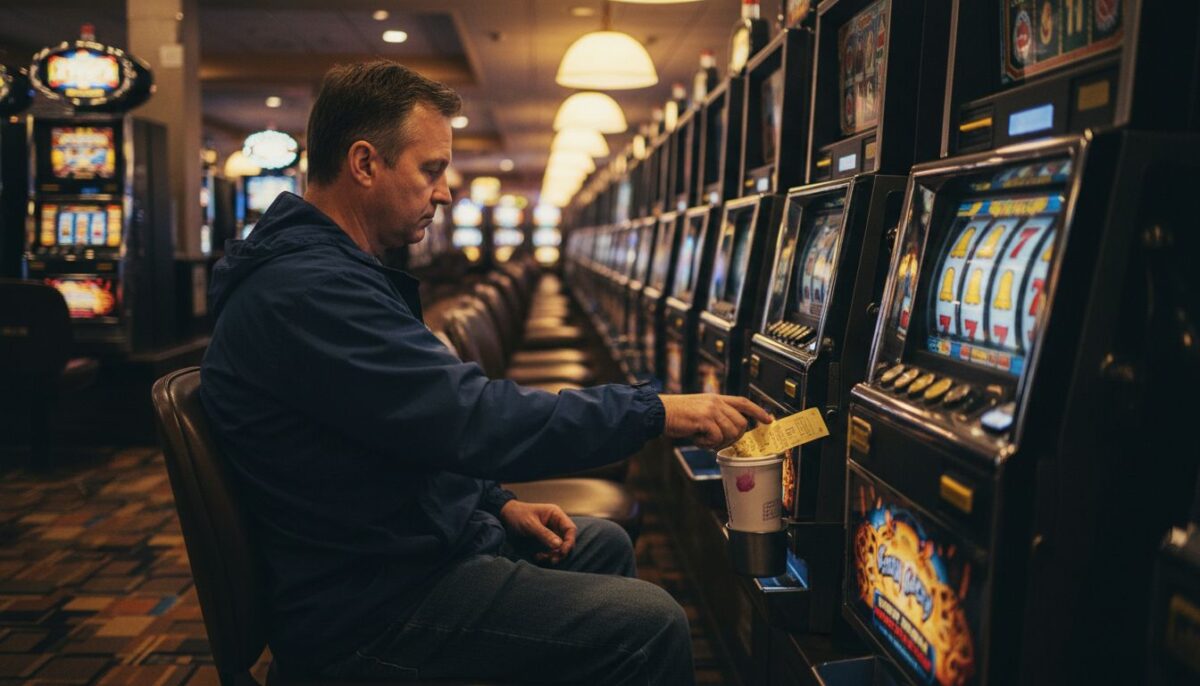 Man plays slot machine in dim casino